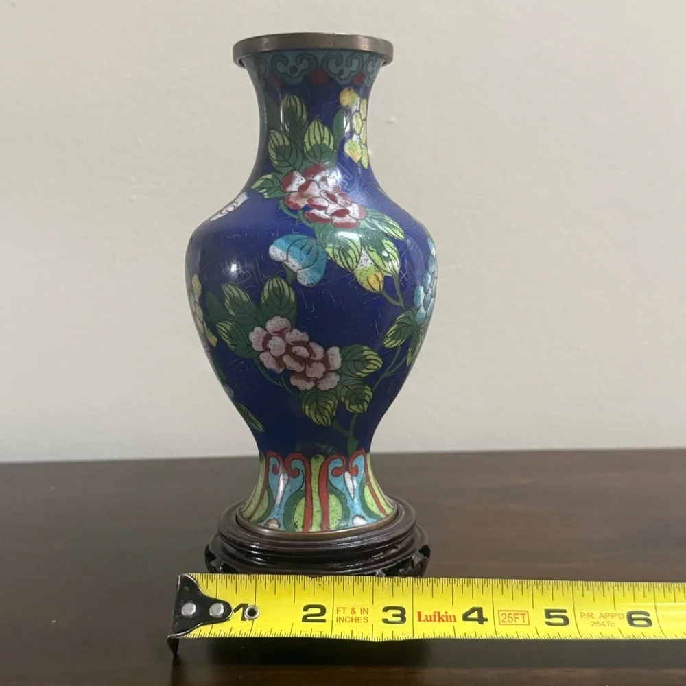 Vintage Blue Cloisonné Floral Vase with Carved Wood Base - Picture 5 of 11